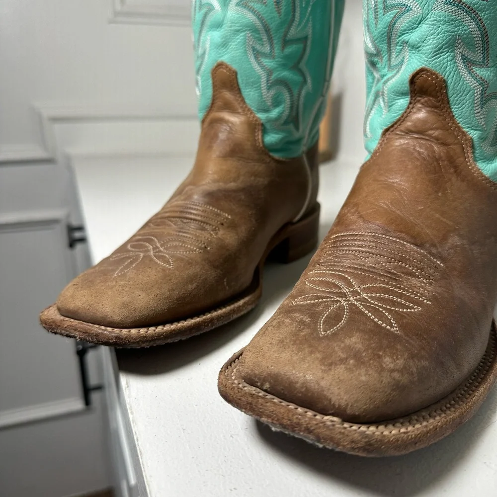 Justin Women’s 8B Cowboy Boots Brown Leather & Turquoise Western Handmade USA - Picture 4 of 9